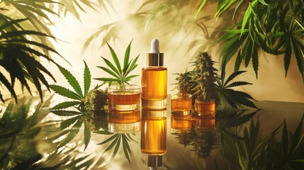 Fototapeta premium Glass bottles with cannabis oil surrounded by green hemp leaves