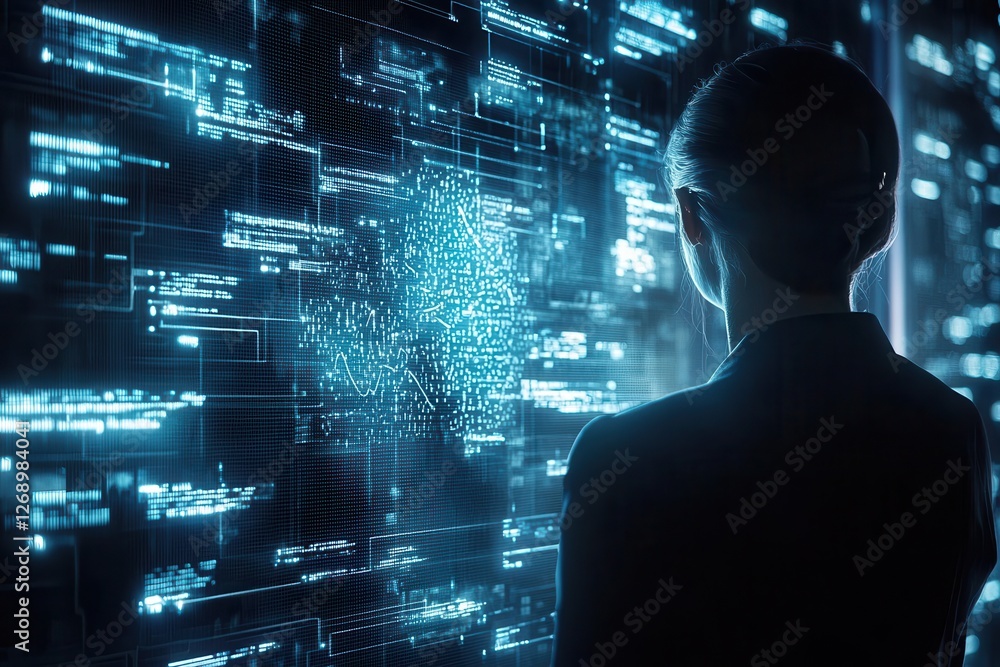 Poster a person stands before a futuristic digital display, observing streams of data and holographic eleme