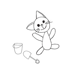 cute kitten with toys scoop and bucket with emotions with a smile, composition with a vector character of children blackly white illustration The basis for textiles of dishes of print stickers
