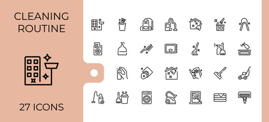 Cleaning And Maintenance icon set. Icons hygiene, stroke, sponge, scrubbing, disinfect, wash, clean and more. Icons for UI. Editable stroke. Vector illustration.