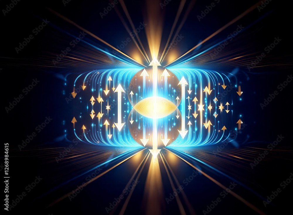 Poster abstract image of glowing blue and gold lines and arrows converging towards a central bright light o