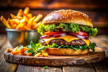 Juicy Burger & Crispy Chips: A Satisfying Meal - Stock Photo