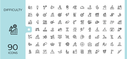 Set of Challenge line icons. It contains symbols to achieve, achievement, win, hand, target, strategy, leadership and more. Web icons. Editable stroke.