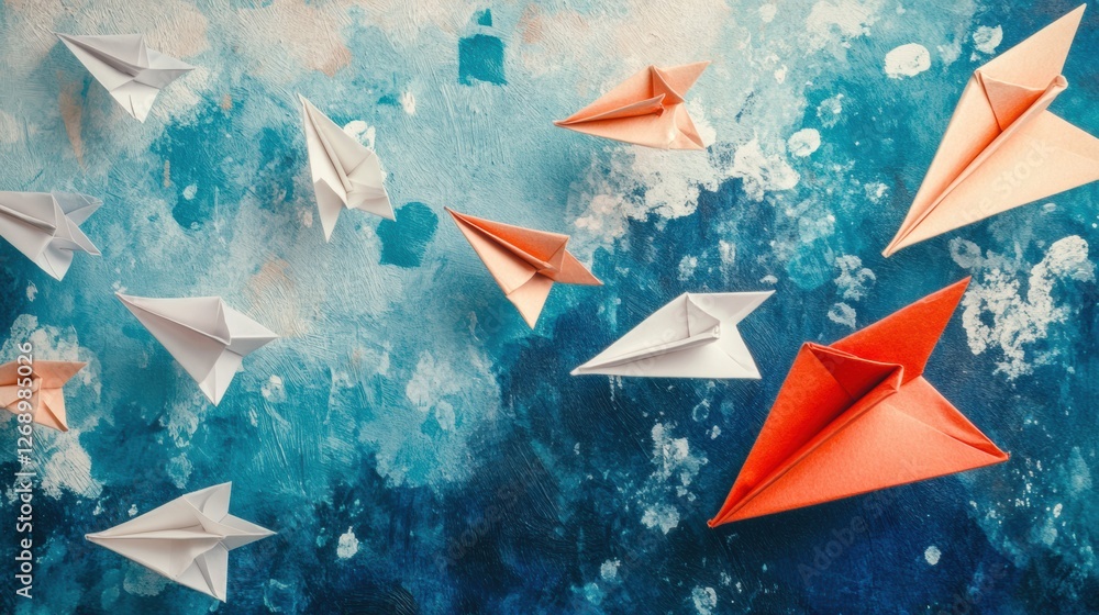 Poster group of paper planes flying in one direction with one plane indicating a different path for creativ