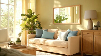 Sunny living room, beige sofa, plants, mirror. Home decor, interior design