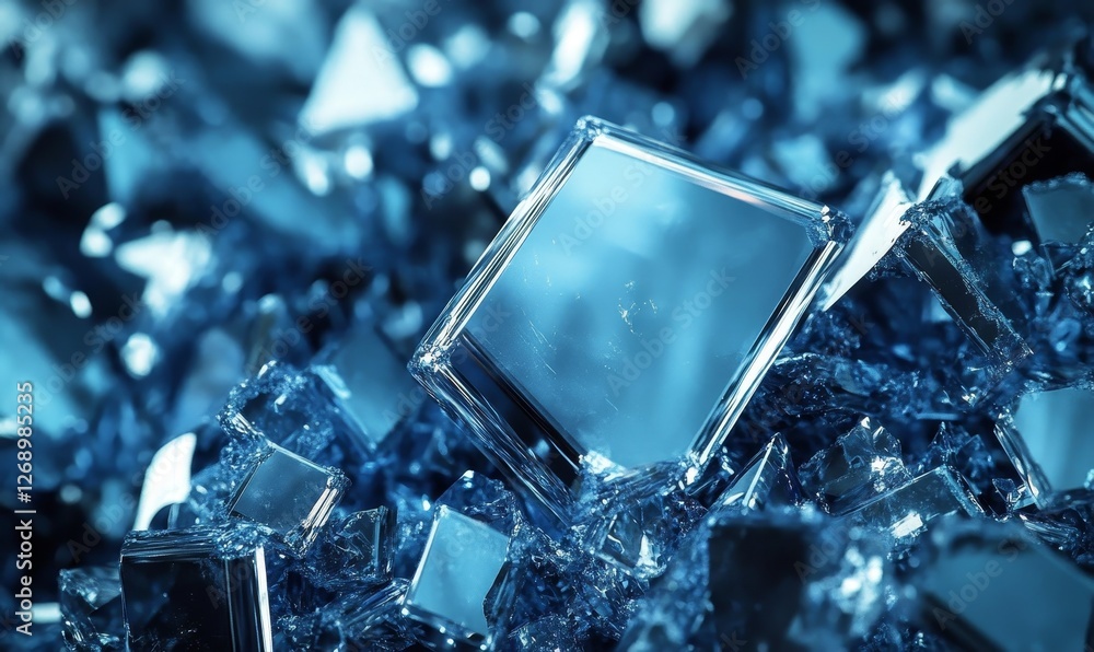Poster cubes and shards in blue abstract display.