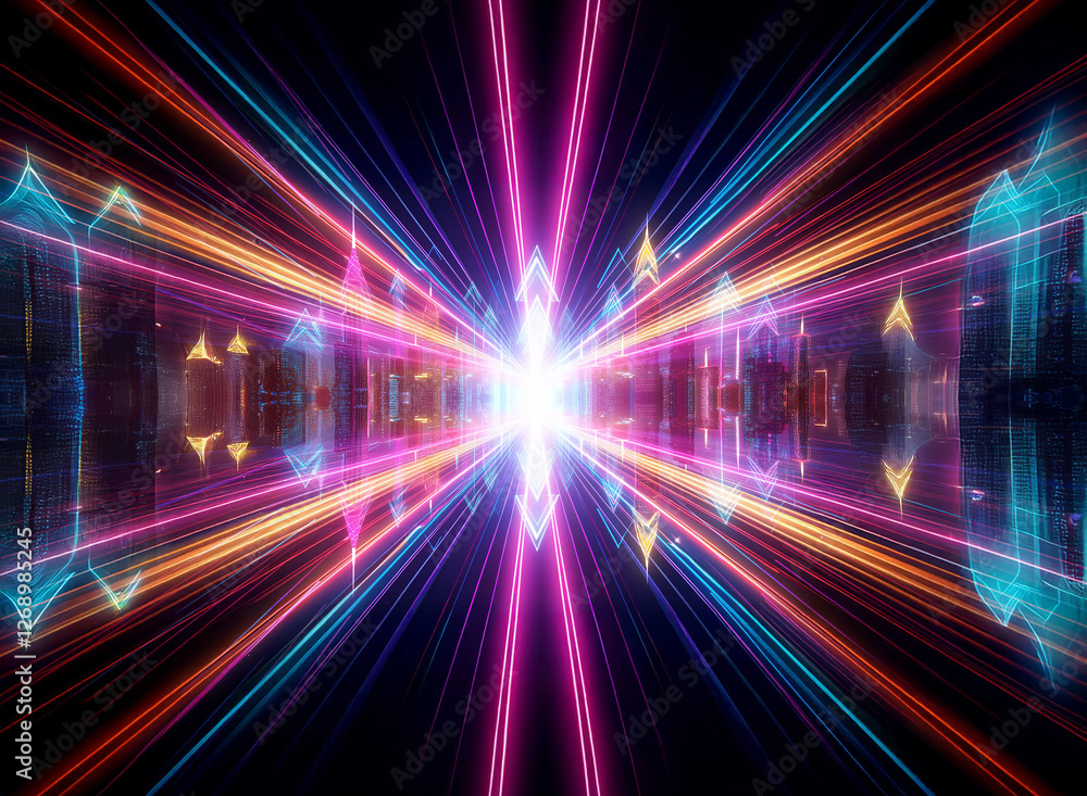Poster Vibrant neon lights form a futuristic tunnel perspective, converging into a bright central point.  Abstract glowing lines create a dynamic and energetic visual effect.