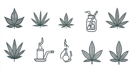 Collection of Hand-Drawn Cannabis Leaf and Accessory Illustrations