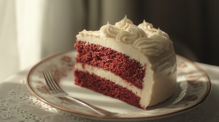 Delicious Slice of Red Velvet Cake with Cream Cheese Frosting
