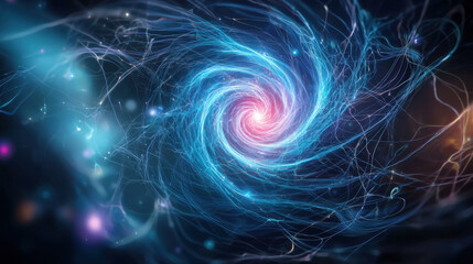 Glowing blue and pink energy vortex with swirling light trails and cosmic particles