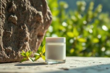 Glass jar with white lid ideal and blank white label ideal for skincare and cosmetic mockup. Outside in nature, rocky background with plants and greenery.