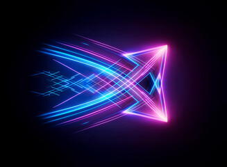 Fototapeta premium Glowing arrow shape with vibrant blue and pink light streaks on a dark backdrop, suggesting speed and forward motion.