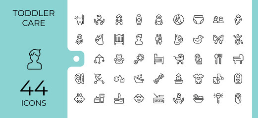 Set of Child care line icons. Contains such icons as tricycle, bear, pacifier, newborn, feeding, face and more. Minimalistic icons. Minimalist editable vector stroke.
