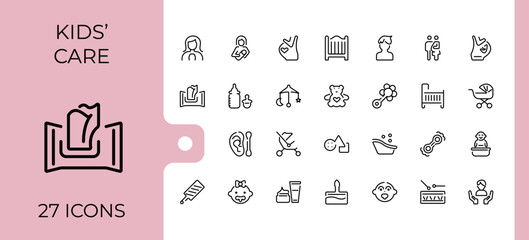 Set of Child care line icons. Contains such icons as tricycle, bear, pacifier, newborn, feeding, face and more. Minimalistic icons. Minimalist editable vector stroke.