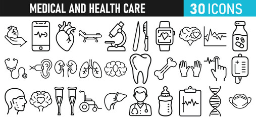 Medical and health Care liner icons set for web and mobile app. Medicine and Health Care symbols. Emergency, medical equipment, RX, MRI, doctor, lab, virus, prescription, ambulance