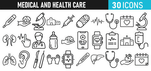 Medical and health Care liner icons set for web and mobile app. Medicine and Health Care symbols. Emergency, medical equipment, RX, MRI, doctor, lab, virus, prescription, ambulance