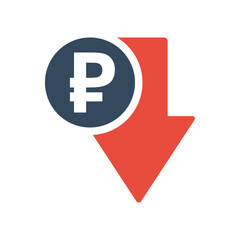 ruble coin with red down arrow, russian economic falling indicator, stock exchange market negative trend, decreased income pictogram