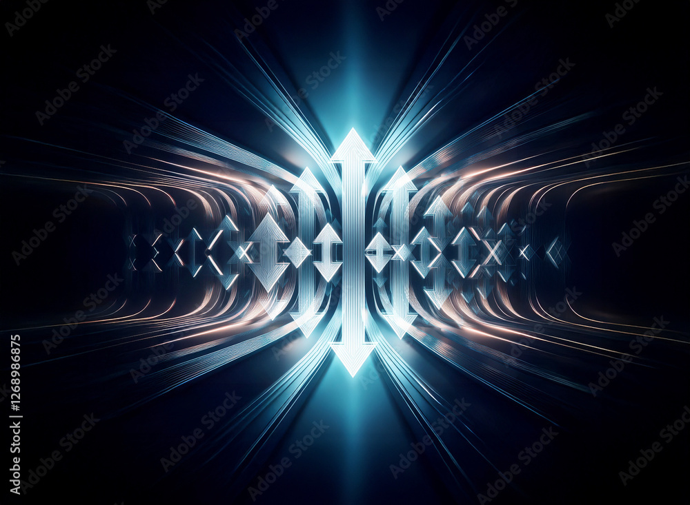 Aufkleber Abstract digital art features glowing arrows pointing up and down in the center with radiating light rays on a dark backdrop, creating a dynamic and futuristic visual.