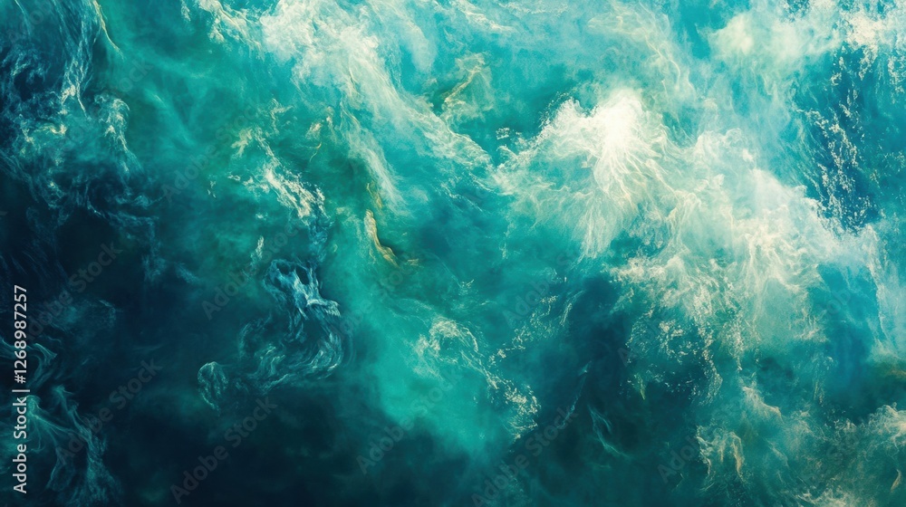 Poster captivating ocean waves crashing with foam and vivid colors during daytime in a dynamic coastal envi
