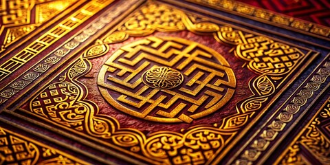 Naklejka premium Jumma Mubarak Islamic Greeting: Macro Photography with Greek Key Pattern Border