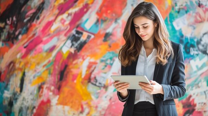 A Professional Engaged with Technology Against a Colorful Mural