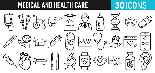Medical and health Care liner icons set for web and mobile app. Medicine and Health Care symbols. Emergency, medical equipment, RX, MRI, doctor, lab, virus, prescription, ambulance