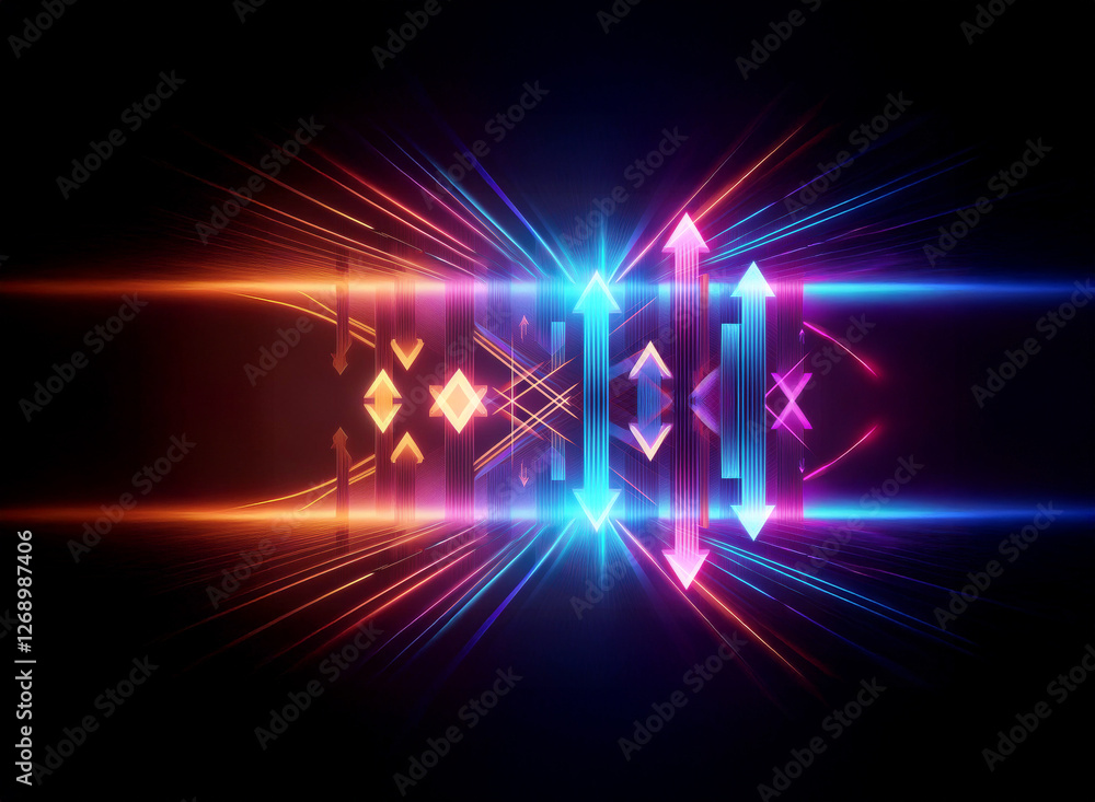 Poster Abstract glowing lines and arrows create a dynamic, futuristic design against a black backdrop. Vibrant blue, orange and pink hues radiate energy and motion.