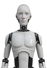 Robot android with intelligent face natural light, clean background.