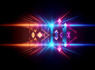 Obraz premium Abstract glowing lines and arrows create a dynamic, futuristic design against a black backdrop. Vibrant blue, orange and pink hues radiate energy and motion.