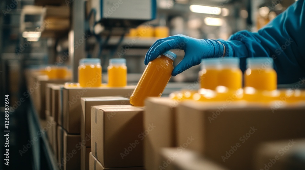 Poster Workers in a busy factory meticulously handle vibrant juice bottles, placing them in cardboard boxes. The soft industrial lighting creates a warm ambiance, highlighting the activity taking place