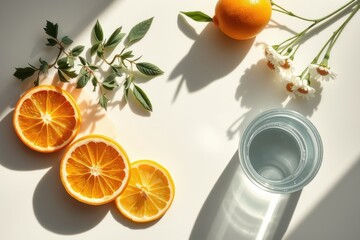 Fresh orange slices, herbs, chamomile flowers and a glass of water. Natural ingredients on minimalist, white background.