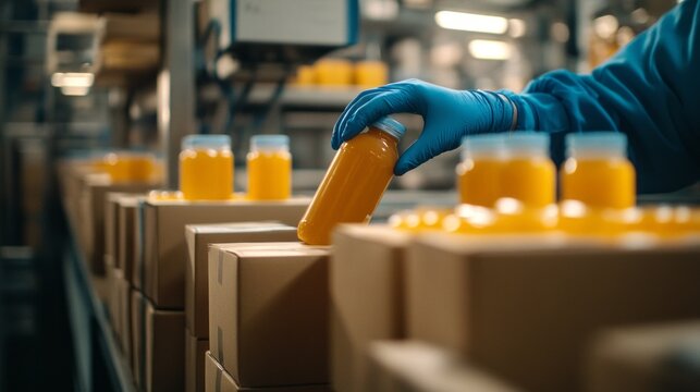 Workers in a busy factory meticulously handle vibrant juice bottles, placing them in cardboard boxes. The soft industrial lighting creates a warm ambiance, highlighting the activity taking place