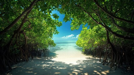 Lush Green Mangrove Trees Framing Serene Tropical Beach Scene