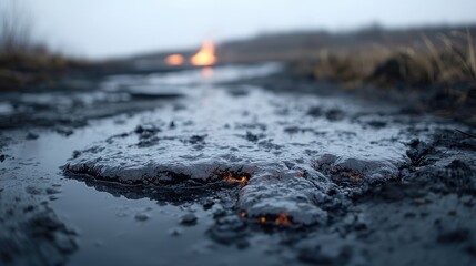Naklejka premium Mud puddle, fire, early morning, nature