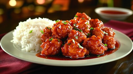 Golden fried General Tso's Chicken with sweet and sour sauce, garnished with sesame seeds, served with a side of steamed rice 