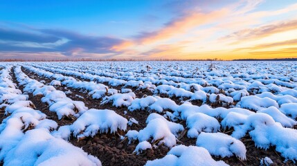 Obraz premium Frost Damage to Agriculture Concept, Frost-Covered Farming Field at Sunrise with Icy Clumps and Colorful Sky in Winter Landscape
