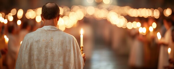 Holy Saturday faith procession concept. A solemn gathering of individuals holding candles, creating a warm, glowing atmosphere, with a focus on a man in a white robe leading the ceremony.