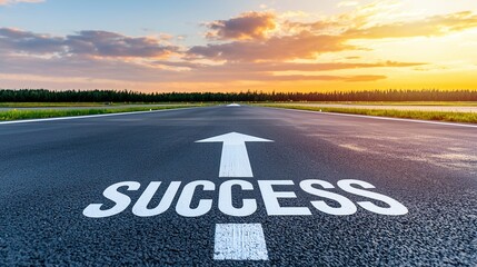 Road to Success Concept with Forward Arrow and Motivational Text on an Open Highway at Sunset