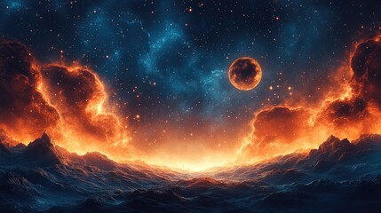 Fototapeta premium A breathtaking cosmic landscape featuring a glowing orange horizon and a distant planet in the night sky