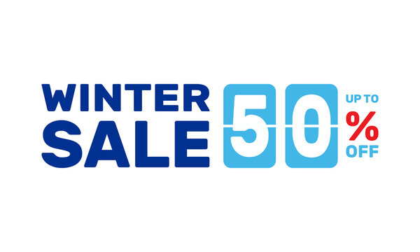 winter sale 50%, vector advertising banner or season discount poster, retail store super offer, online marketplace best price deal