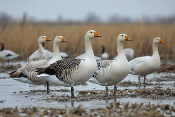 Obraz premium Together with white geese and ducks, some have black spots on their wings or bodies.