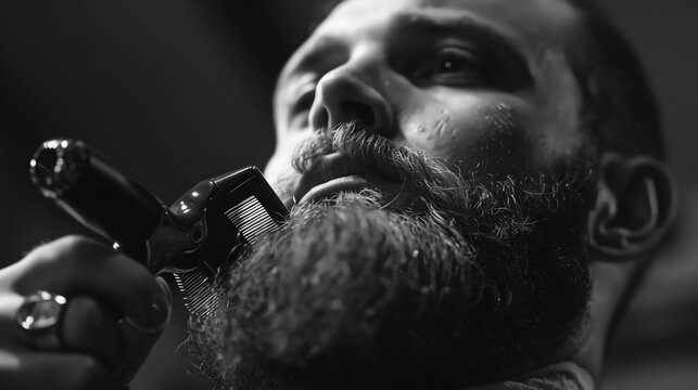 A black and white close up of a man getting his beard trimmed with an electric trimmer. The man is looking up at the trimmer.