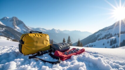 Emergency car kit, Snowy mountain with an emergency car kit featuring snow chains in the foreground photorealistic.