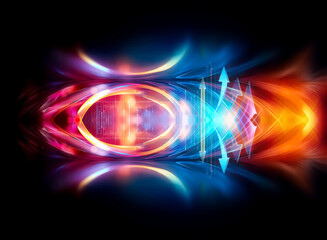 Obraz premium Vibrant abstract design featuring luminous blue, orange, and red flowing shapes against a dark backdrop, creating a dynamic and energetic visual effect with central arrows.