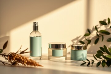 Clear skincare product trio. Containers for mockups with green labels and silver lids. Minimalistic beige background.