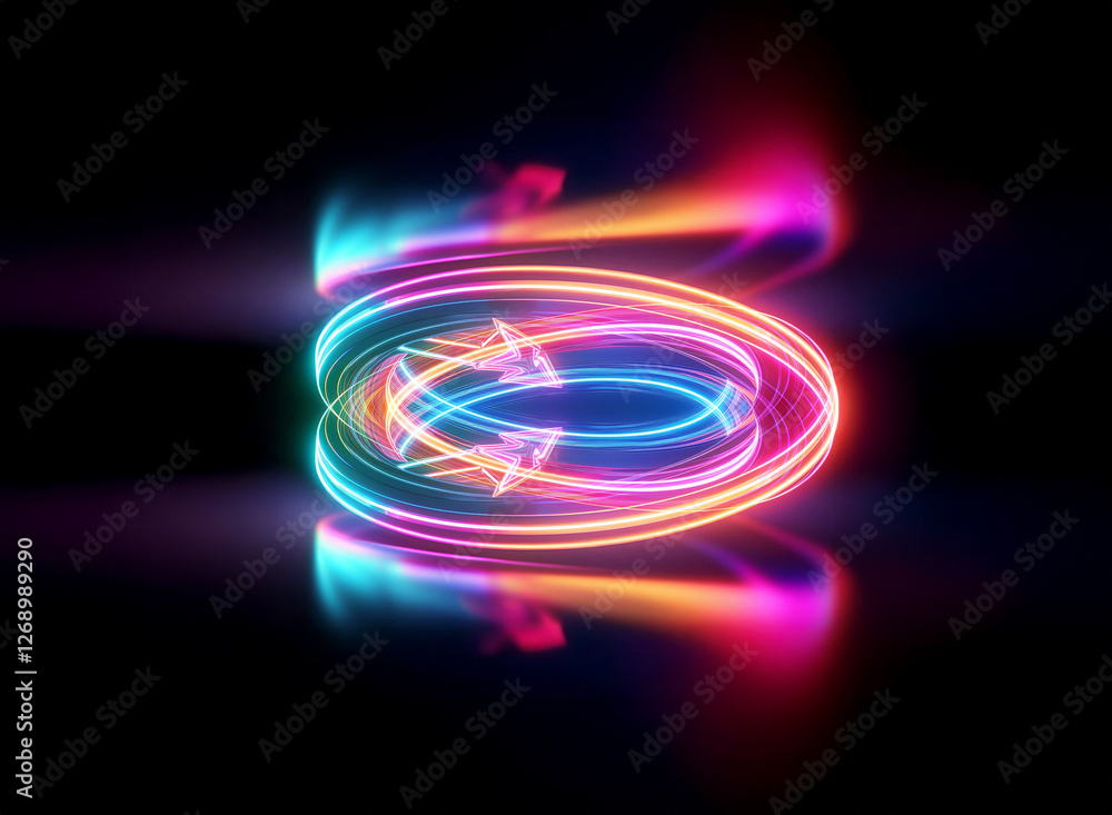 Poster abstract glowing shape with neon lights on a black background. arrows indicate circular motion and f