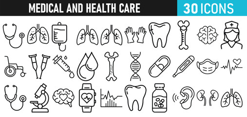 Medical and health Care liner icons set for web and mobile app. Medicine and Health Care symbols. Emergency, medical equipment, RX, MRI, doctor, lab, virus, prescription, ambulance