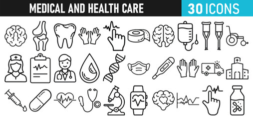 Medical and health Care liner icons set for web and mobile app. Medicine and Health Care symbols. Emergency, medical equipment, RX, MRI, doctor, lab, virus, prescription, ambulance