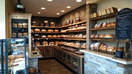 Cozy Bakery Interior with Freshly Baked Bread on Wooden Shelves