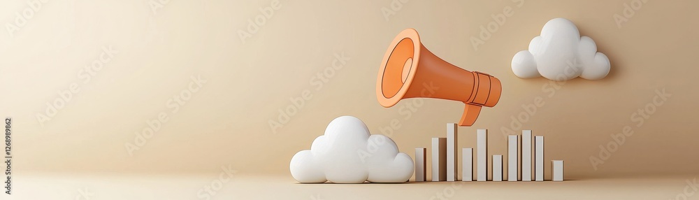 Poster vibrant orange megaphone in a minimalistic setting with clouds and bars representing communication a